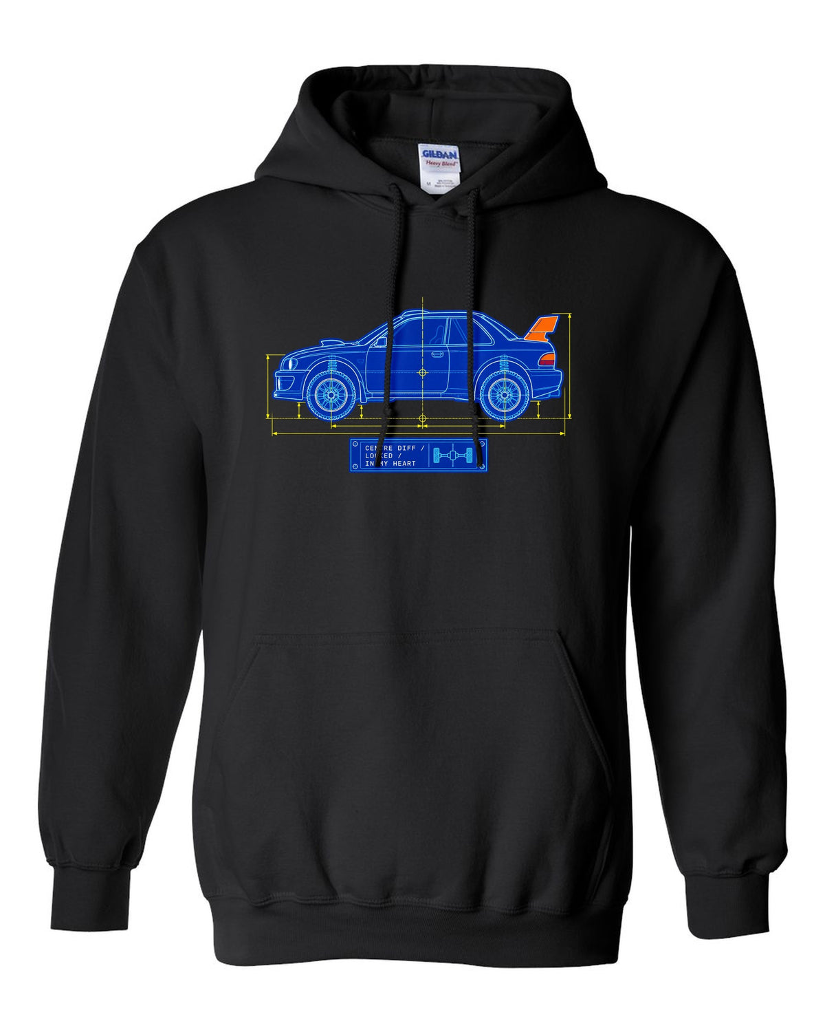 Blueprint line art of a Toyota Celica GT-Four ST185 with centre diff lettering black pull over hoodie front view with the design