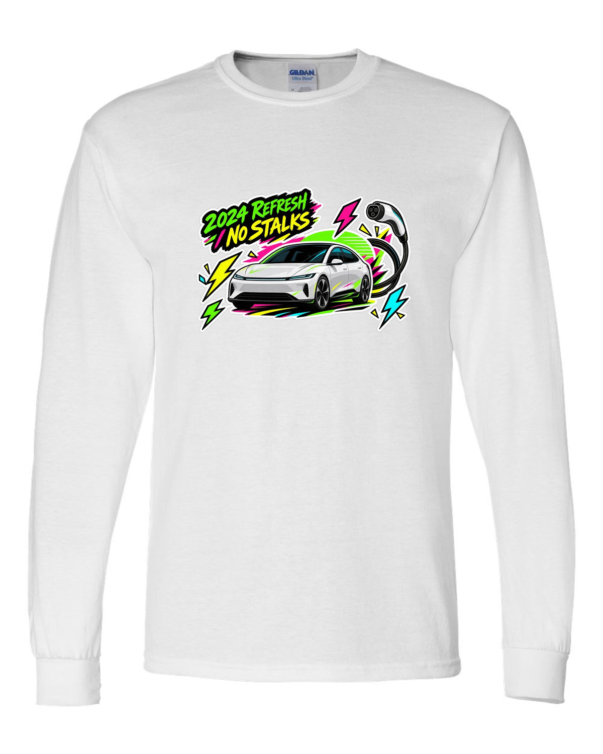 Sticker bomb collage print of a Tesla Model 3 Highland with the text 2024 Refresh No Stalks white long sleeve front view with the design