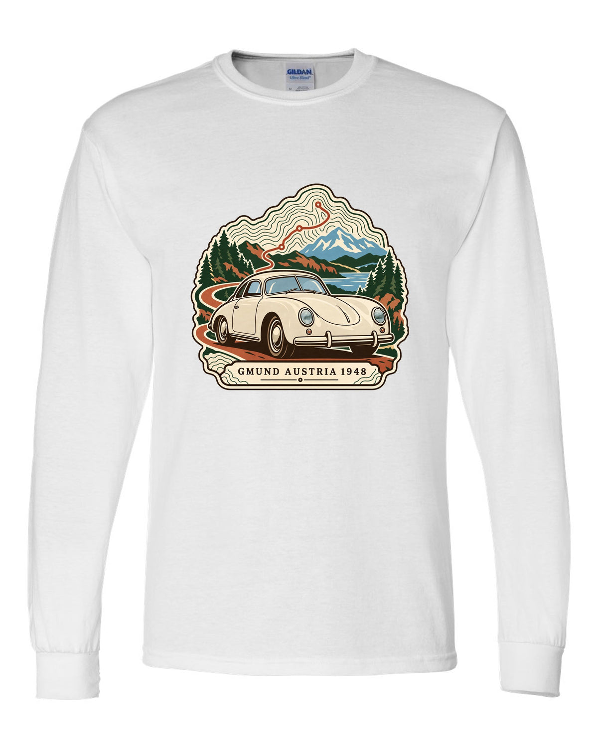 Topographic contour map design marking Gmund Austria 1948 for the Porsche 356 white long sleeve front view with the design