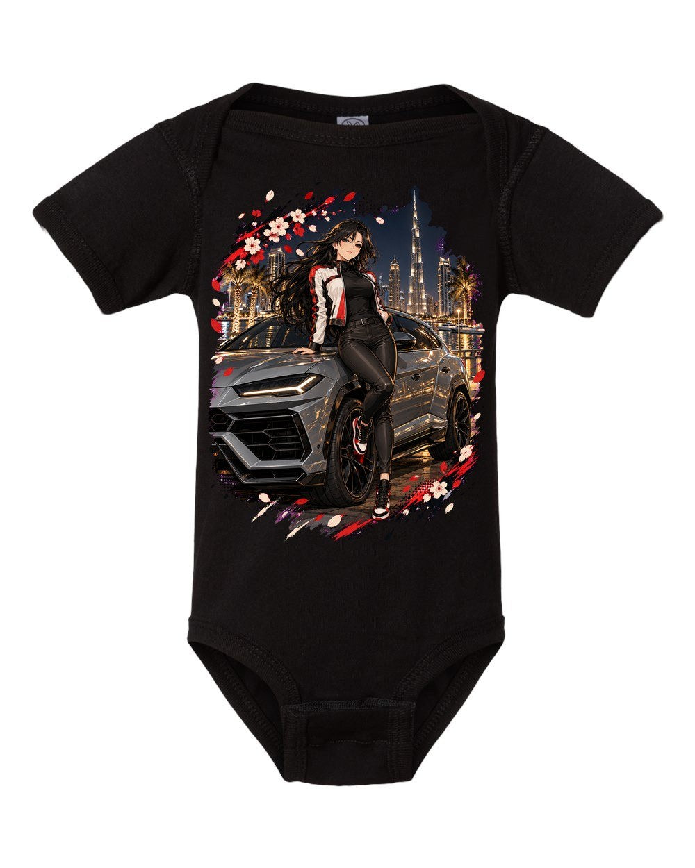 Lamborghini Urus Anime Girl Baby Onesie Black front