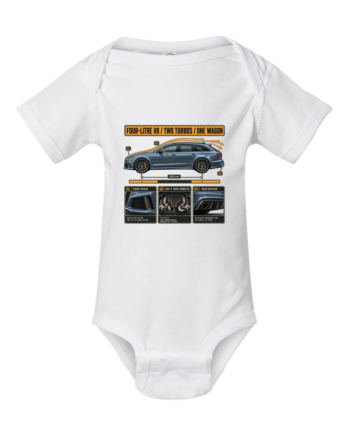 Audi RS6 Avant C7 steel blue aero cutaway callouts print white baby onesie front view with the design