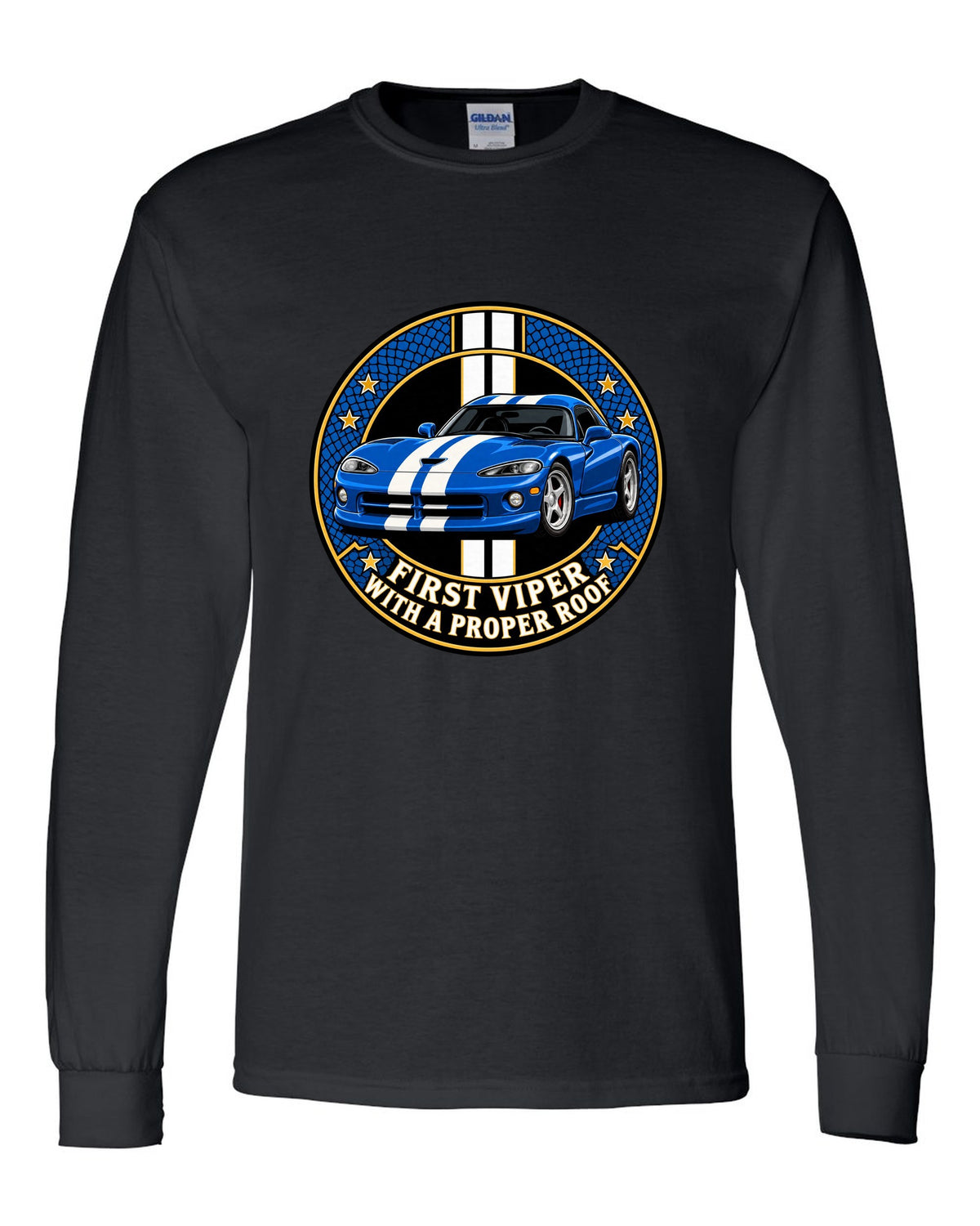 Original crest design print of a 1996 Dodge Viper GTS SR II with proper roof text black long sleeve front view with the design