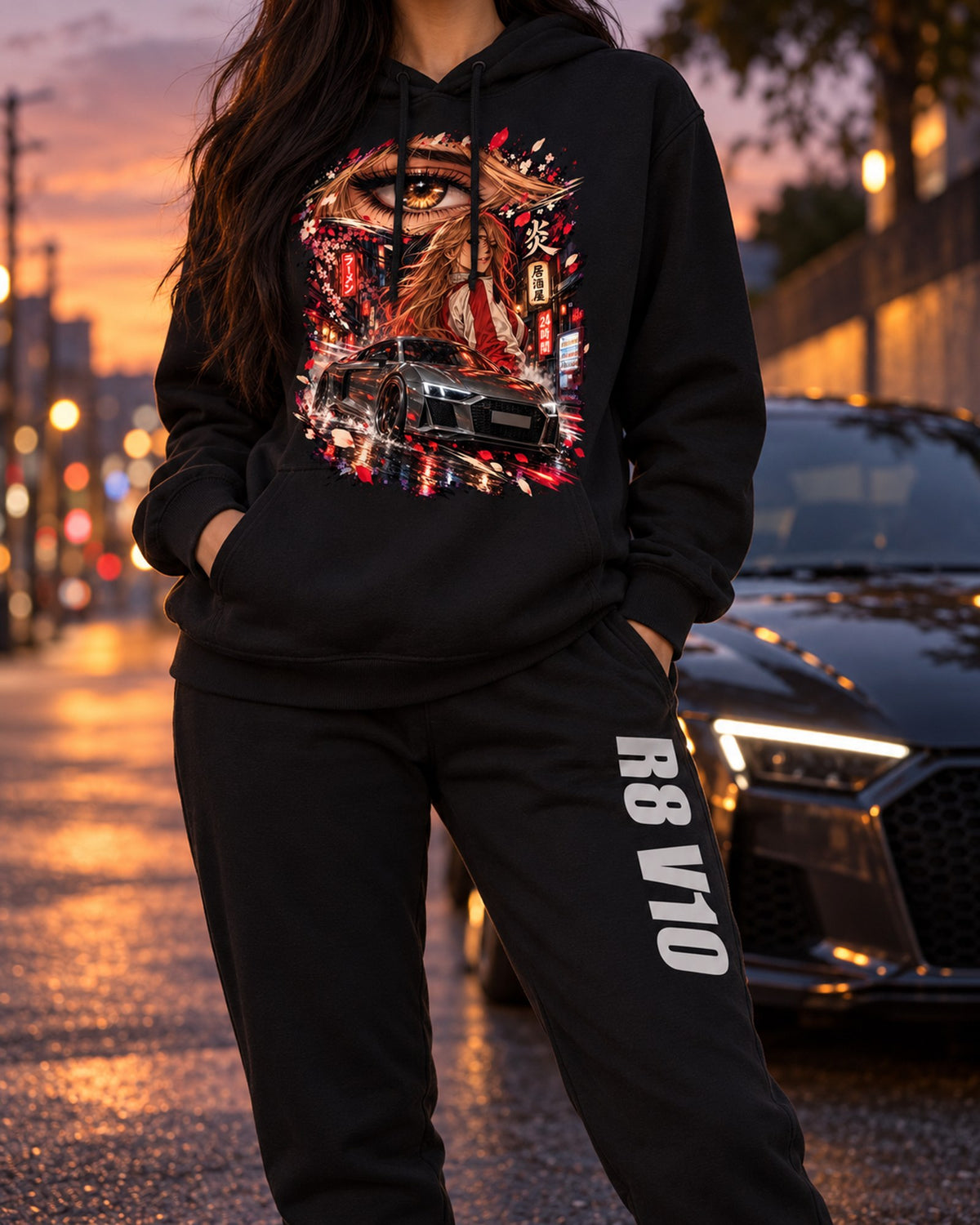 Audi R8 V10 Anime Girl Hoodie + Jogger Set Black worn hero