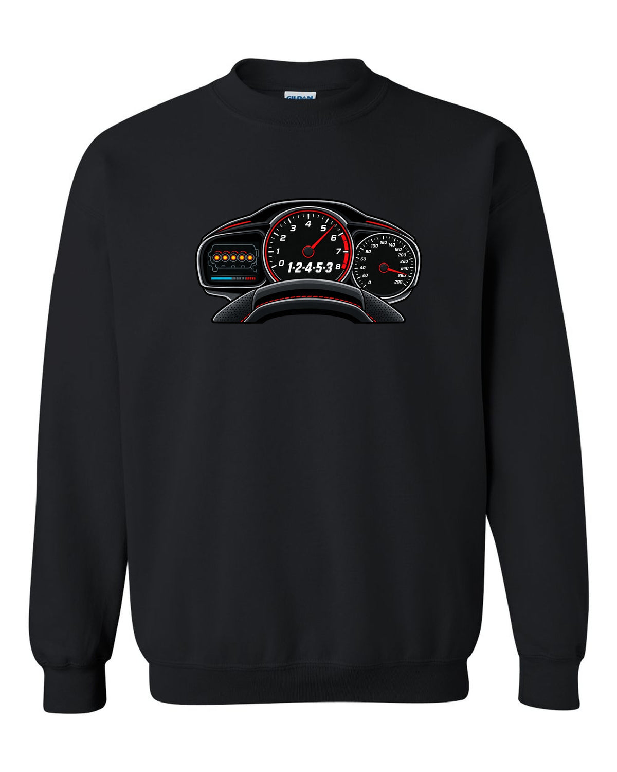 Flat gauge cluster print for the Audi RS3 8V showing the 1-2-4-5-3 firing order black crewneck front view with the design