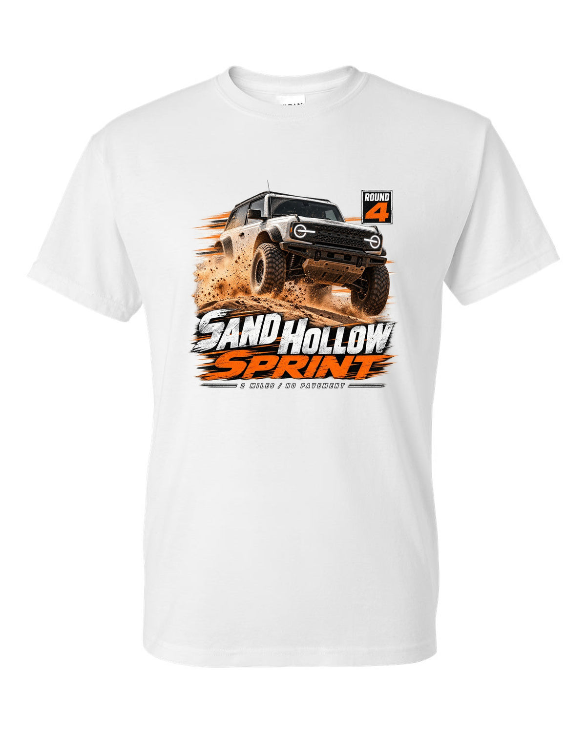 Jeep Wrangler JL dune sprint race poster print with Sand Hollow text white t-shirt front view with the design