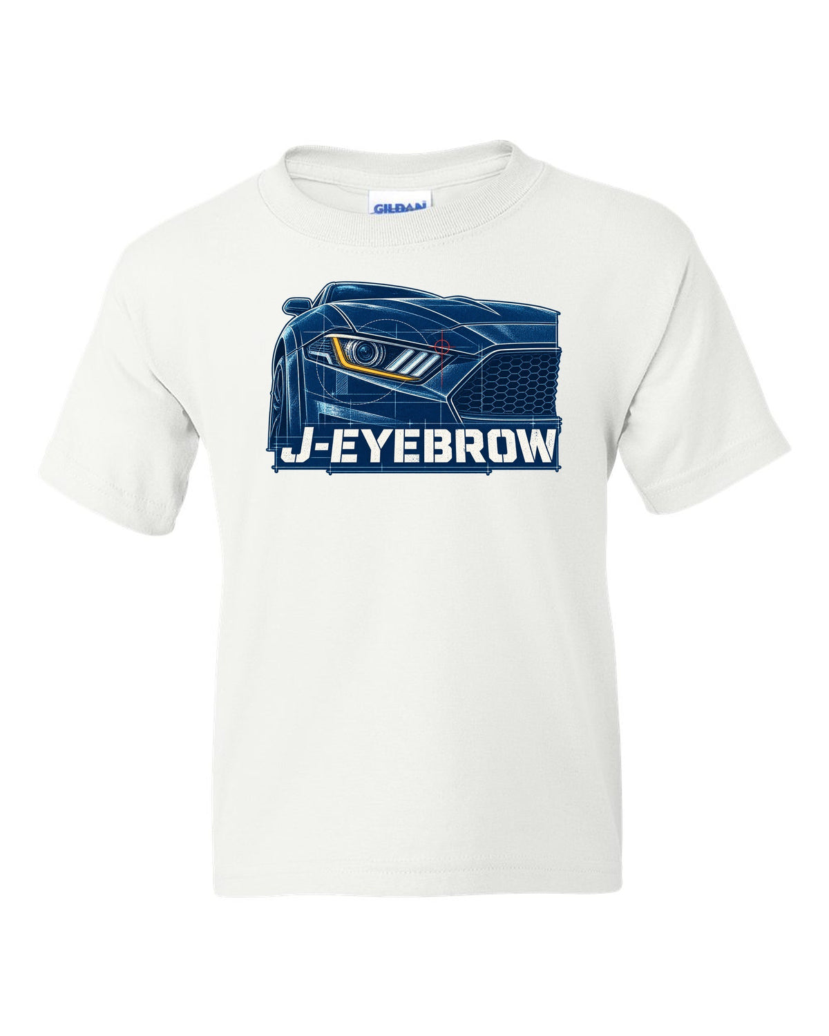 Cyanotype blueprint of a 2015-2023 S550 Ford Mustang fastback with J-Eyebrow label white kids tee front view with the design
