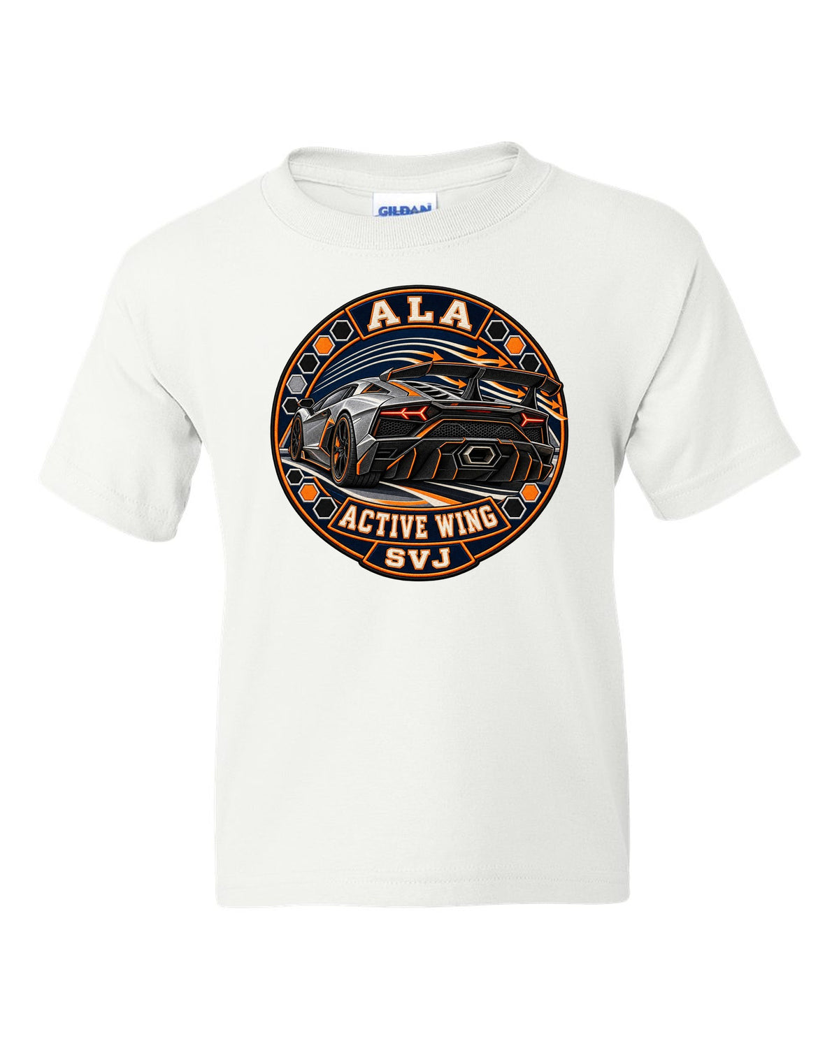 Embroidery-style round crest of a Lamborghini Aventador SVJ LP770-4 with text ALA / ACTIVE WING / SVJ white kids tee front view with the design