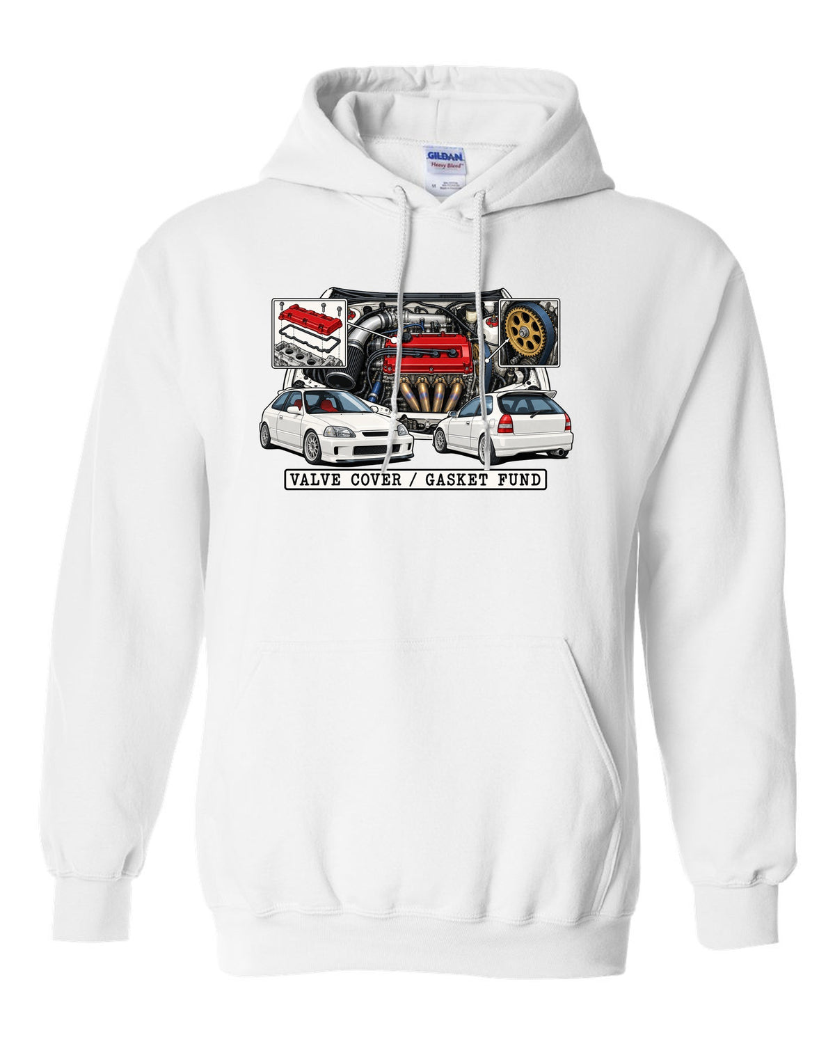 Technical patent drawing print of a 1997 Honda Civic EK9 with Valve Cover Gasket Fund lettering white pull over hoodie front view with the design