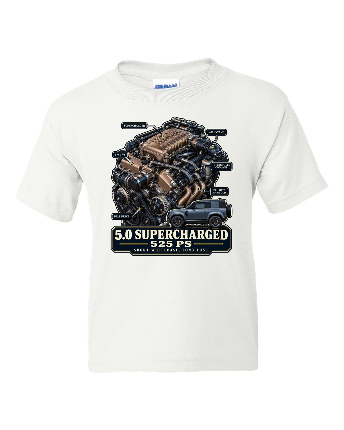 Engine hero print of the Land Rover Defender 90 V8 5.0 supercharged L663 white kids tee front view with the design