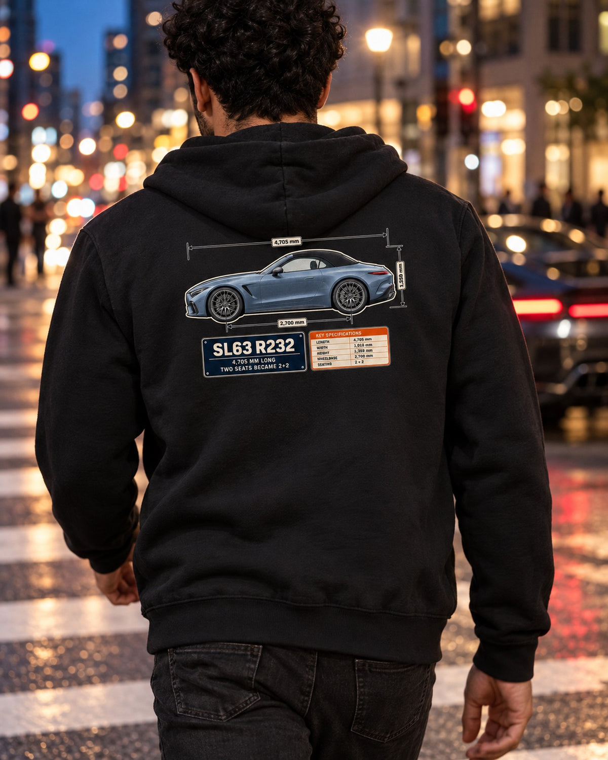 Mercedes-AMG SL63 R232 Dimension Blueprint Shirt, 2+2 Roadster Tee Zip Hoodie Black worn hero