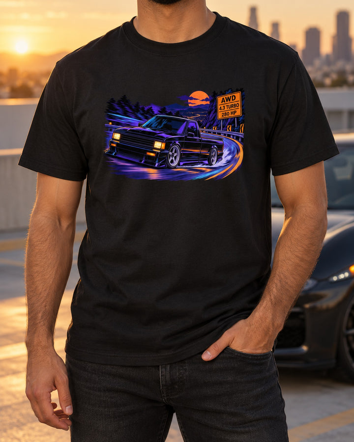 GMC Syclone 1991 Mountain Pass Anime Shirt, 4.3 Turbo AWD Truck Tee T-Shirt Black worn hero