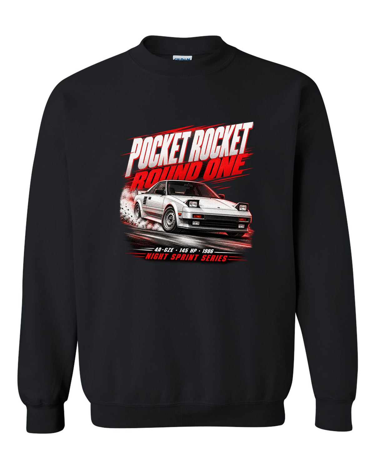 Race poster print of a supercharged Toyota MR2 AW11 with the text Pocket Rocket Round One 4A-GZE black crewneck front view with the design