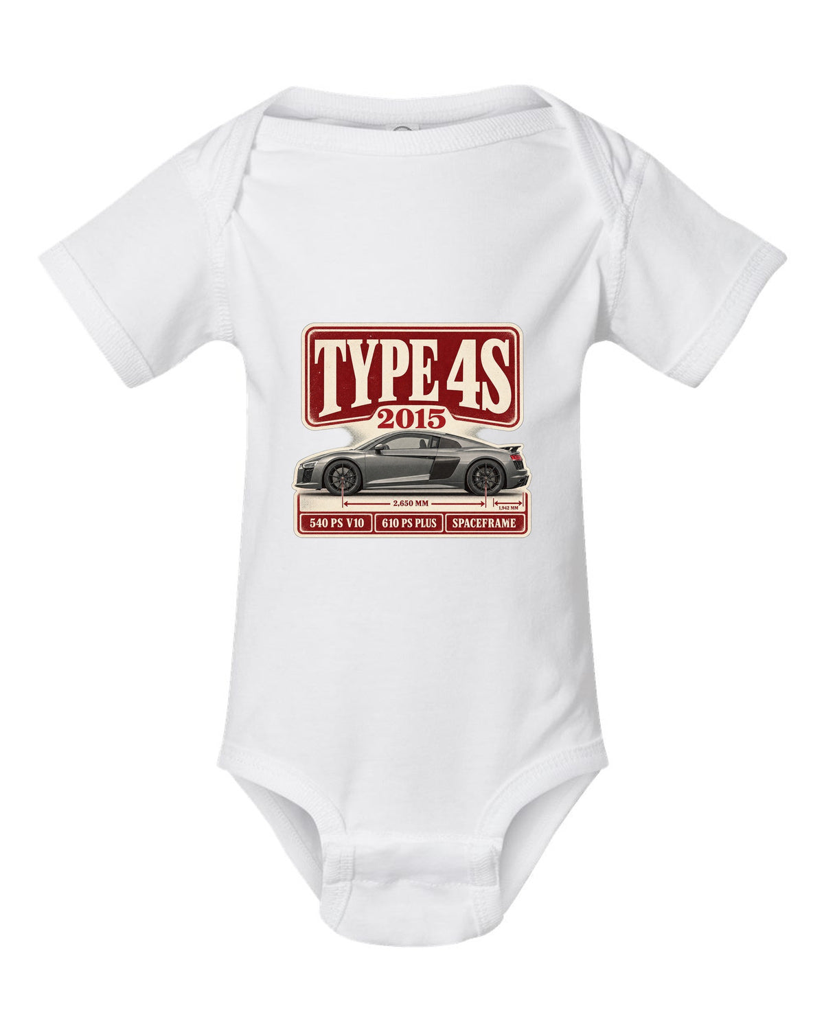 Audi R8 V10 Type 4S 2015 launch archive panel print design white baby onesie front view with the design