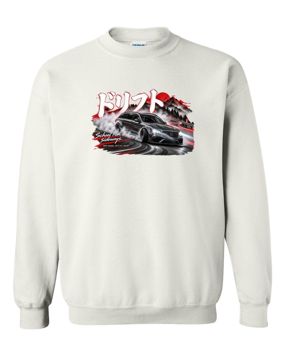 print touge drift night of a Mercedes W213 E63 S wagon with Japanese drift text and School Run Sideways white crewneck front view with the design