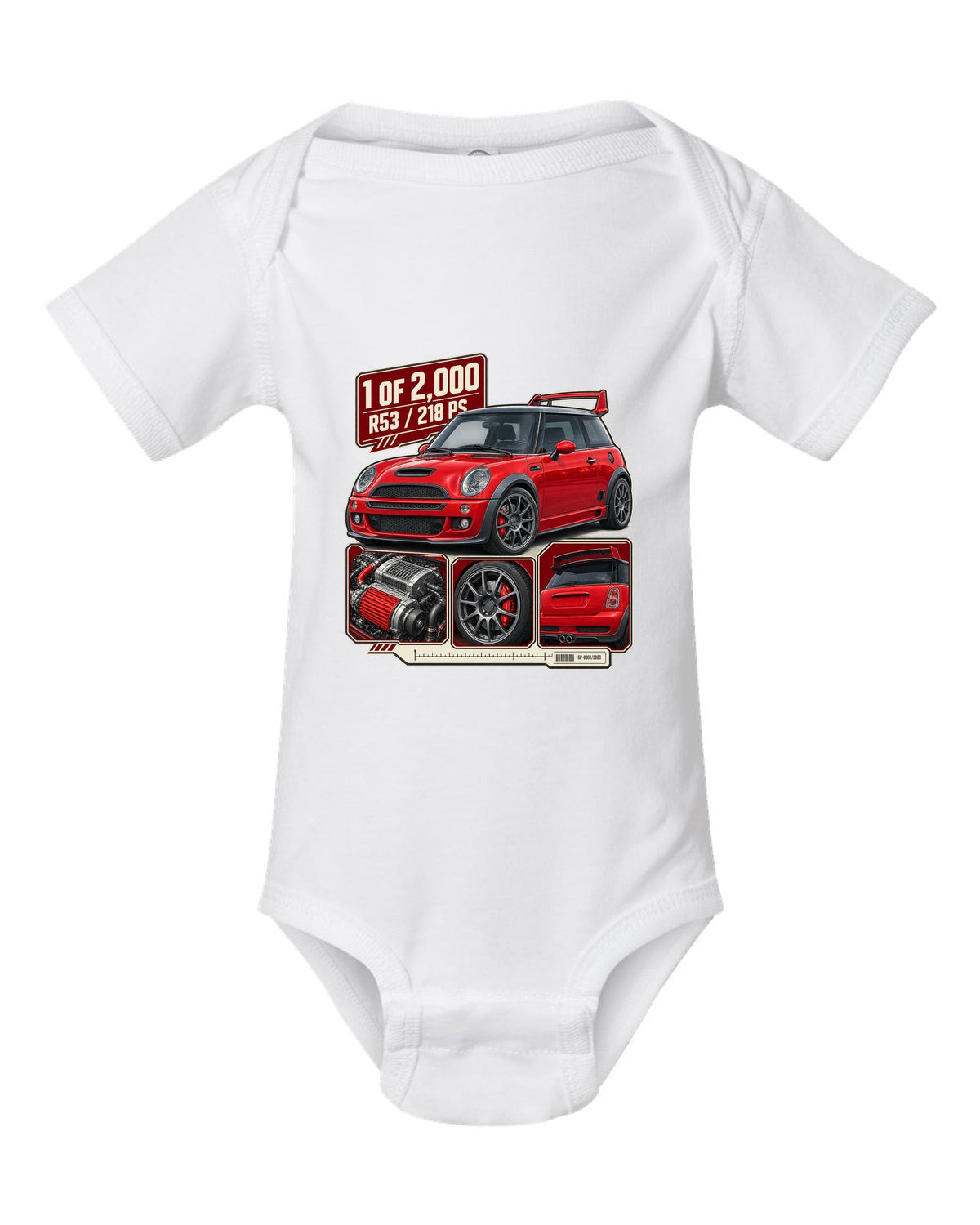 Dossier panel print for the Mini Cooper S Works GP R53 2006 showing 1 of 2,000 white baby onesie front view with the design