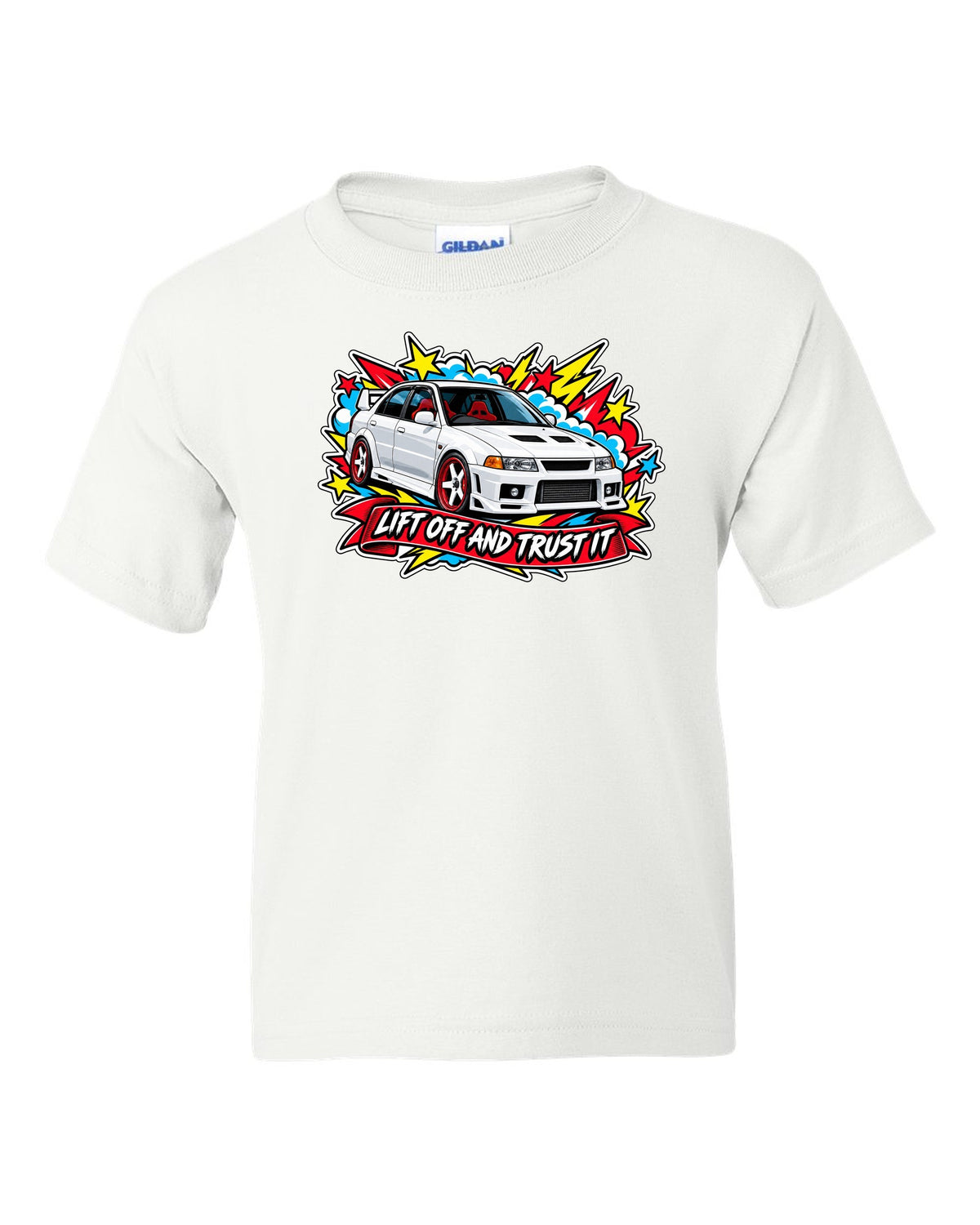 Sticker-bomb collage print for the Mitsubishi Evo VI CP9A with the text lift off and trust it white kids tee front view with the design