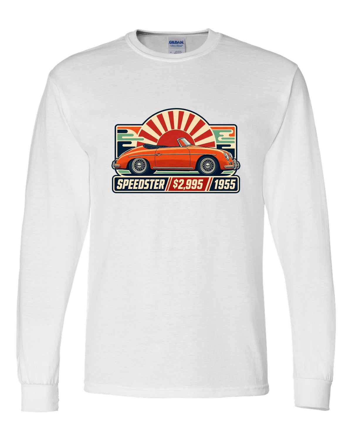 print of five Porsche 911 generations in a row, labelled 901, 930, 964, 993 and 996 white long sleeve front view with the design