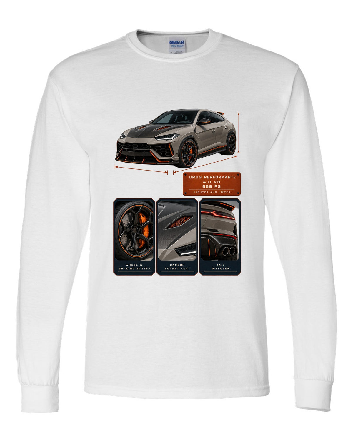 Dossier panel print of the Lamborghini Urus Performante white long sleeve front view with the design