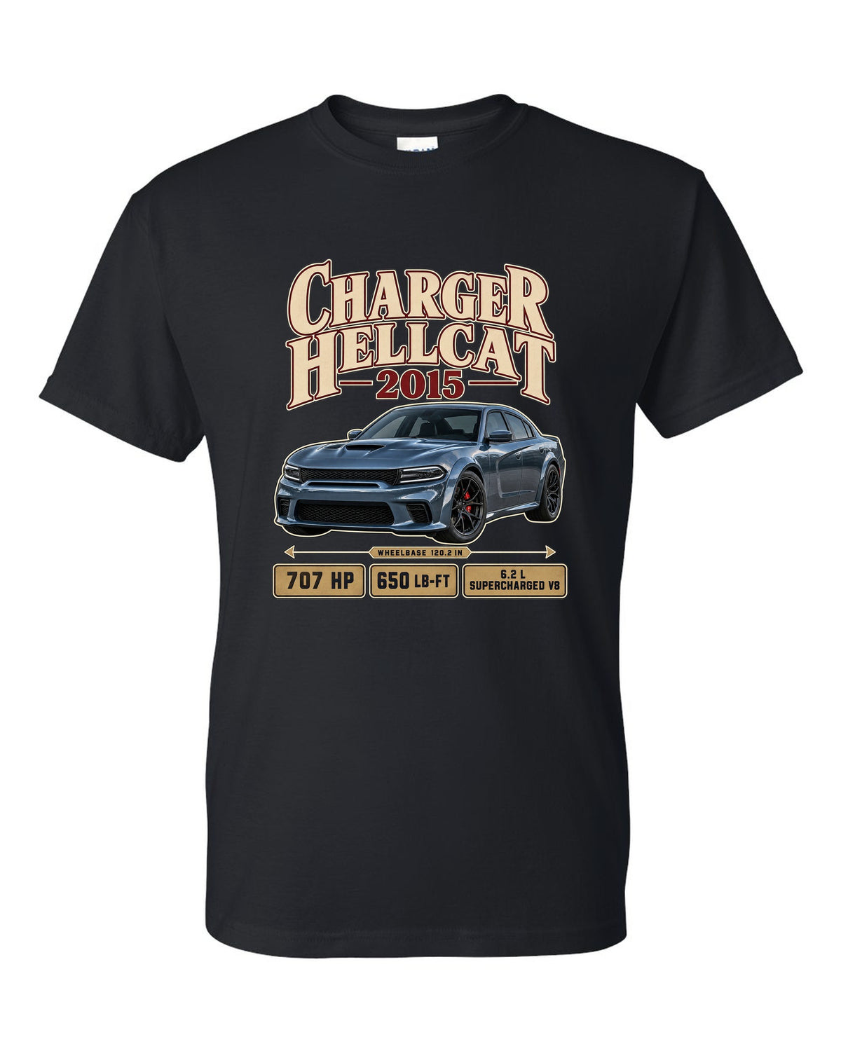 print of a 2015 Dodge Charger SRT Hellcat in an archive panel layout black t-shirt front view with the design