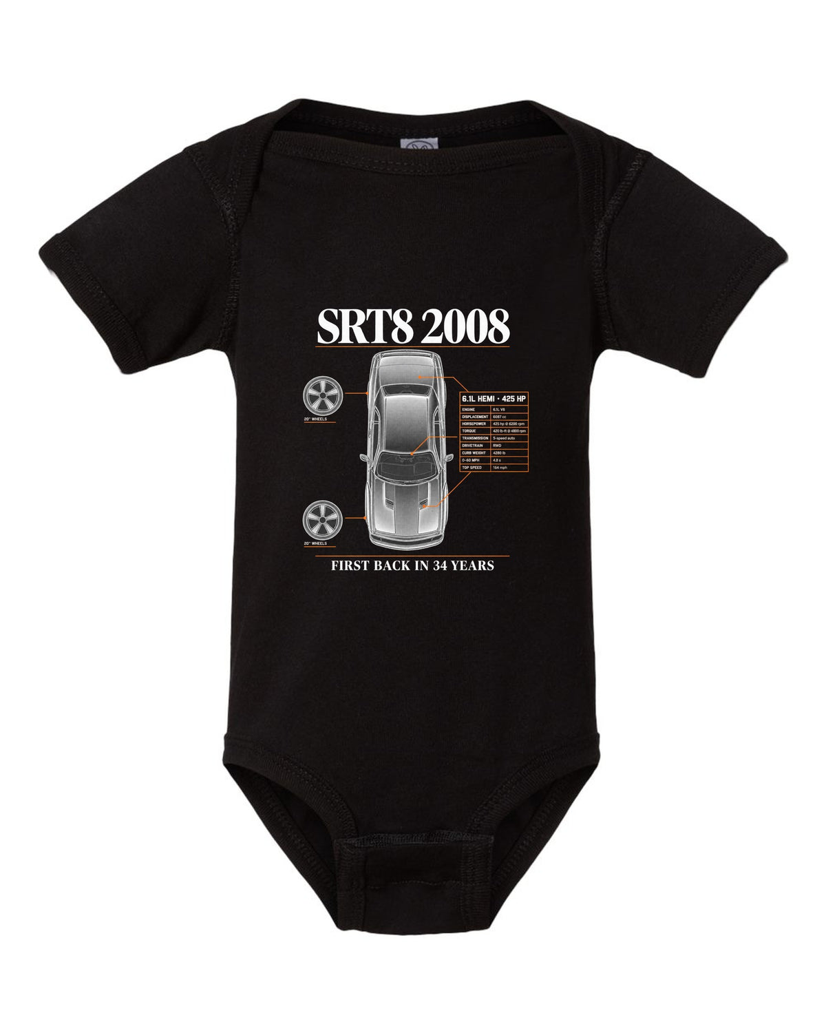 Spec poster print of a 2008 Dodge Challenger SRT8 with 6.1L Hemi and 425 HP text black baby onesie front view with the design