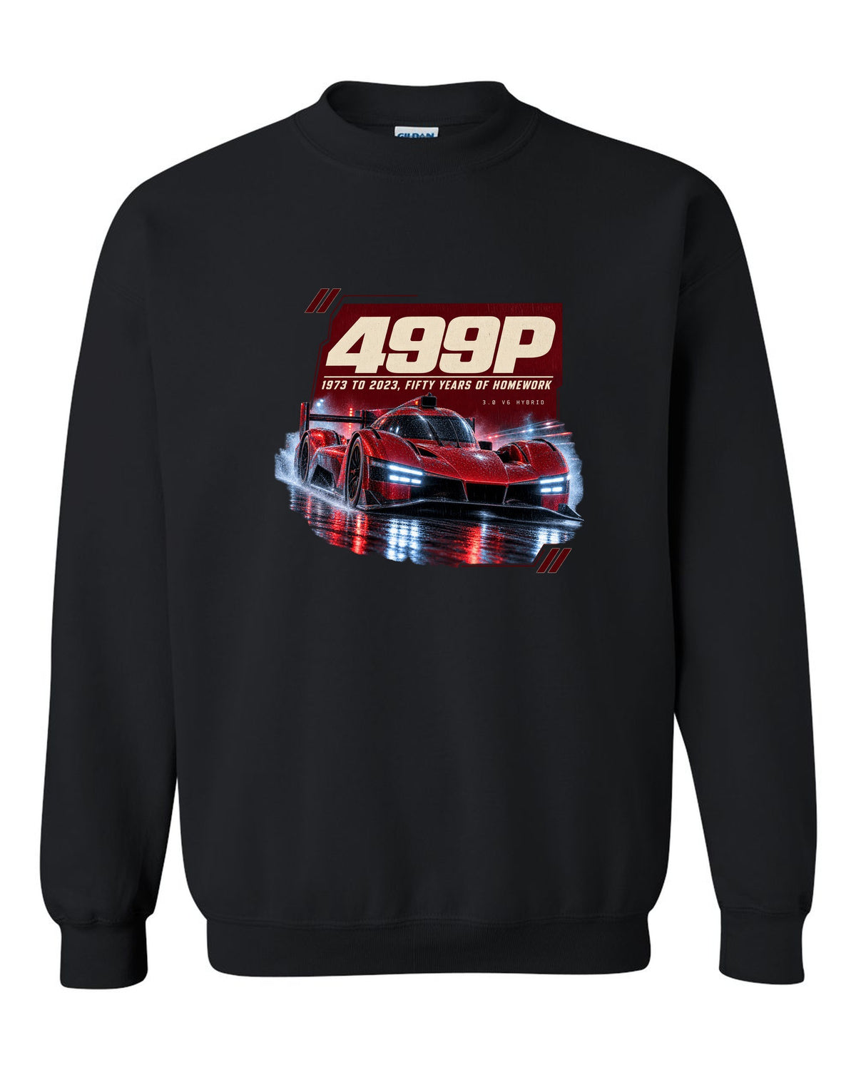 Ferrari 499P on a rainy night street print, 1973 to 2023 black crewneck front view with the design