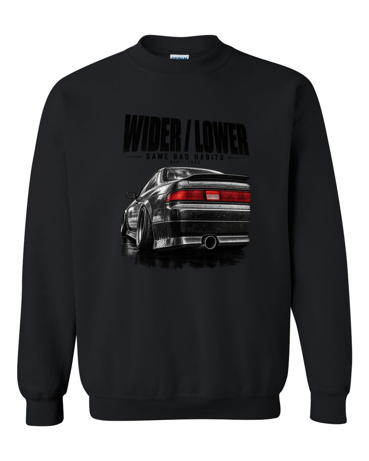 Close-up macro of a Nissan Silvia S14 zenki taillight with wider, lower, same bad habits lettering black crewneck front view with the design