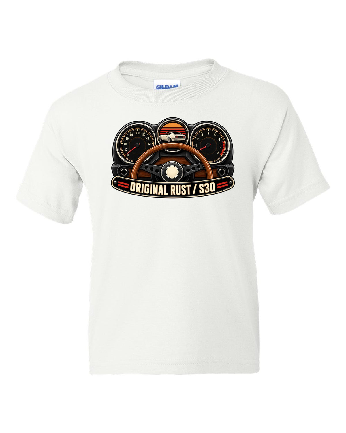 Analog gauge cluster print for the Datsun 240Z S30 reading Original Rust white kids tee front view with the design