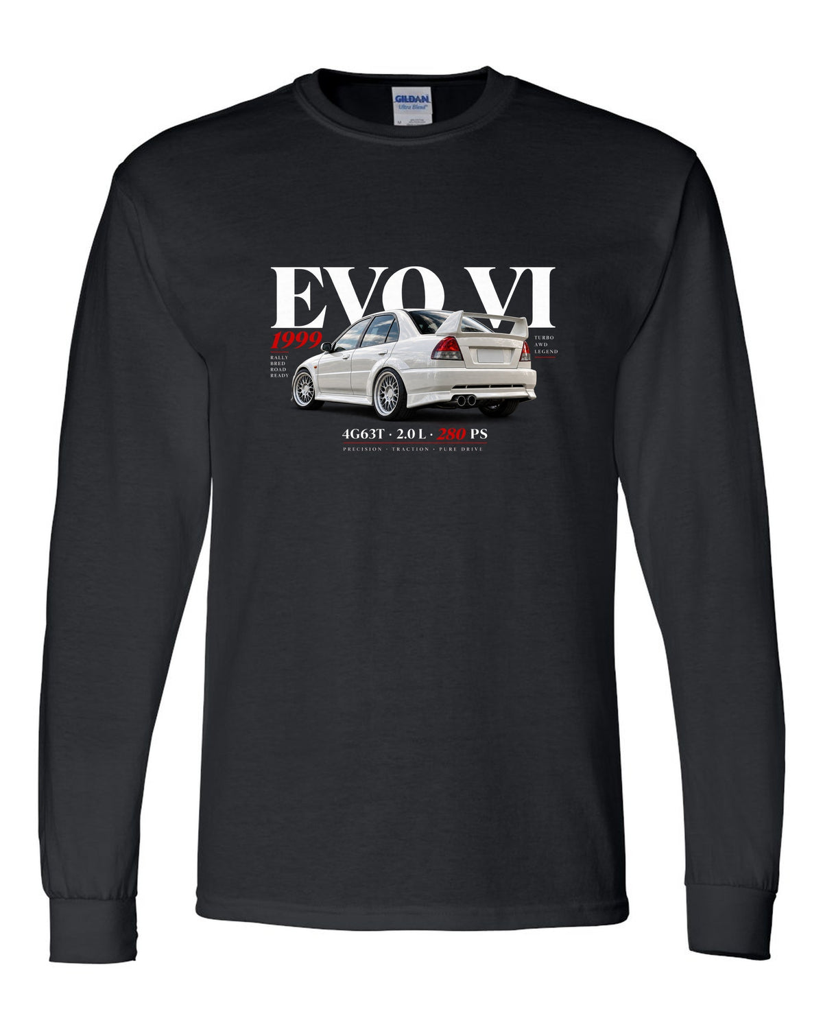 Mitsubishi Lancer Evolution VI TME CP9A editorial headline with 4G63T specs black long sleeve front view with the design