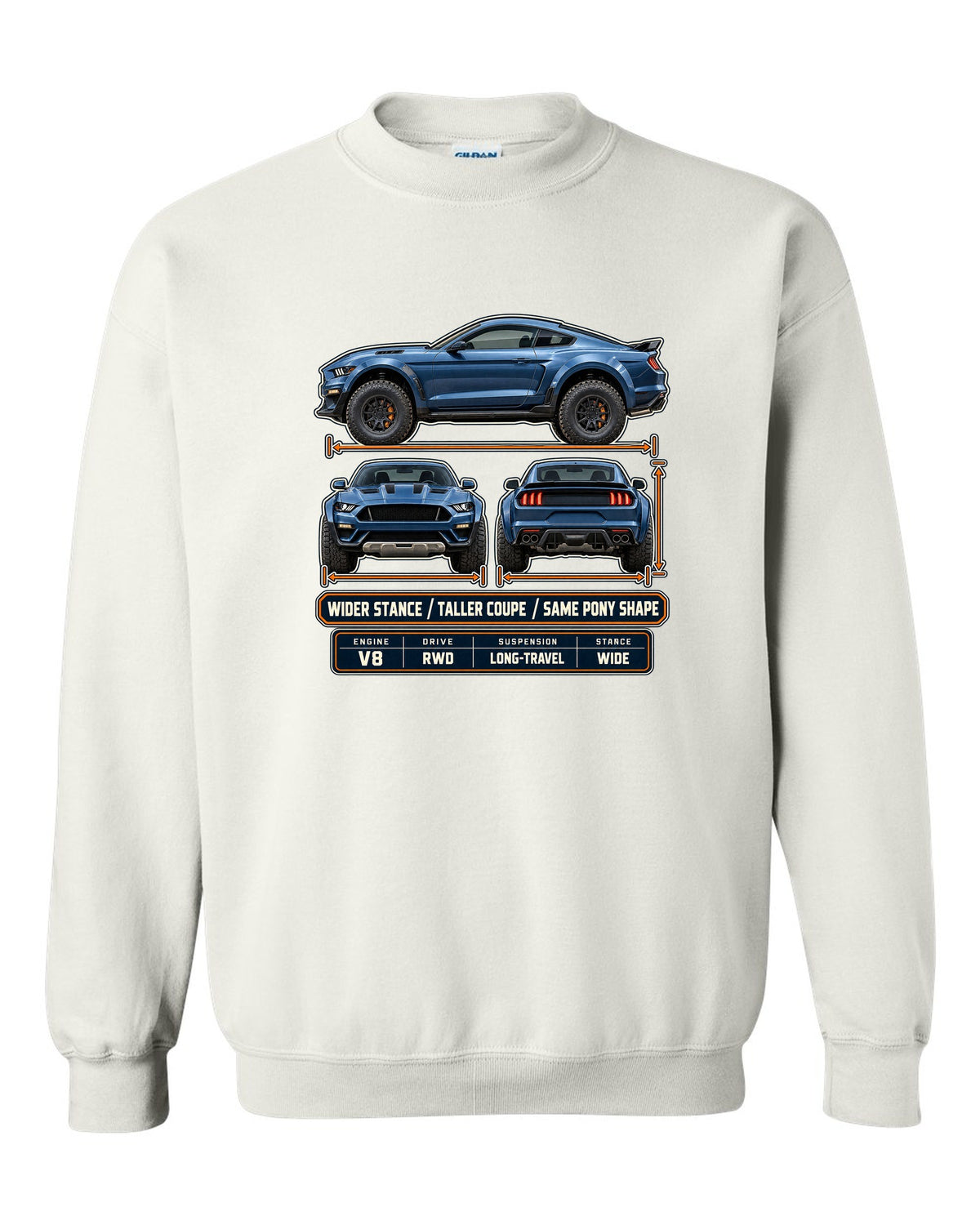 print of a Mustang Raptor concept three-view drawing with spec table and pony shape text white crewneck front view with the design