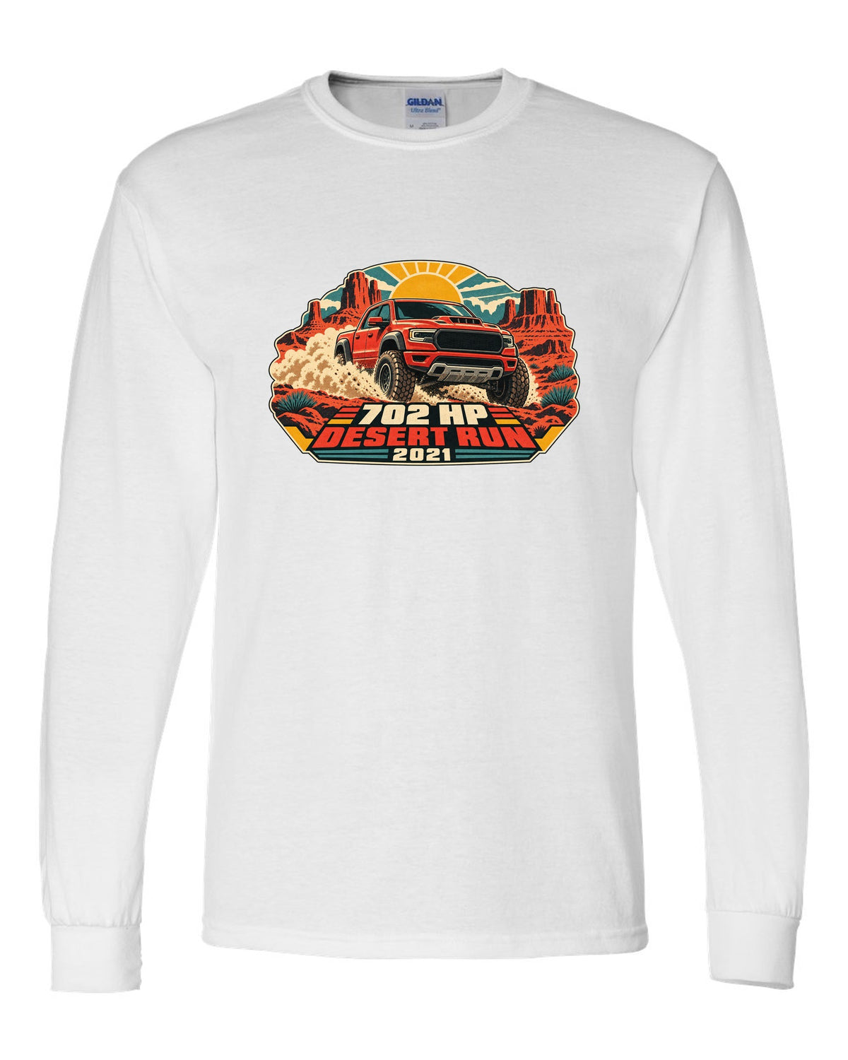 Vintage desert race poster print of a 2021 Ram 1500 TRX with 702 HP text white long sleeve front view with the design