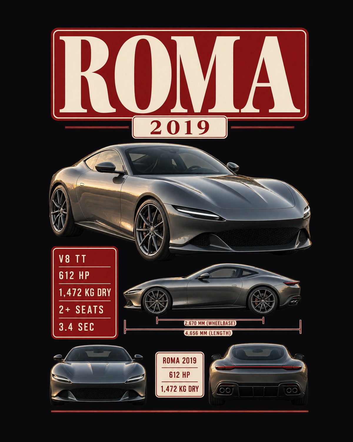 Ferrari Roma 2019 Archive Panel Shirt, 612 HP Car Tee design only