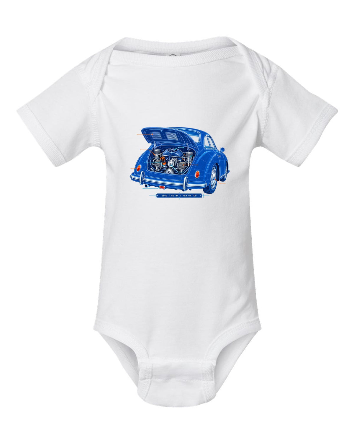 Linocut print of a 1978 Porsche 911 SC Targa in a night garage with the text SC Targa, 180 PS and 3.0 white baby onesie front view with the design