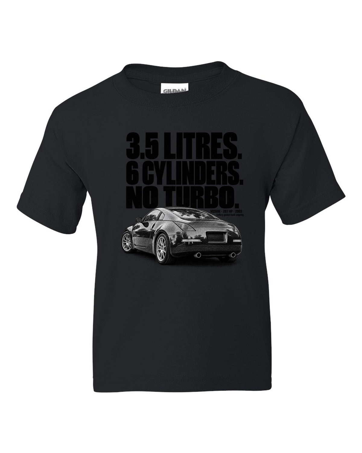 Halftone print of a Nissan 350Z Z33 rear three-quarter with VQ35DE 287 HP text black kids tee front view with the design