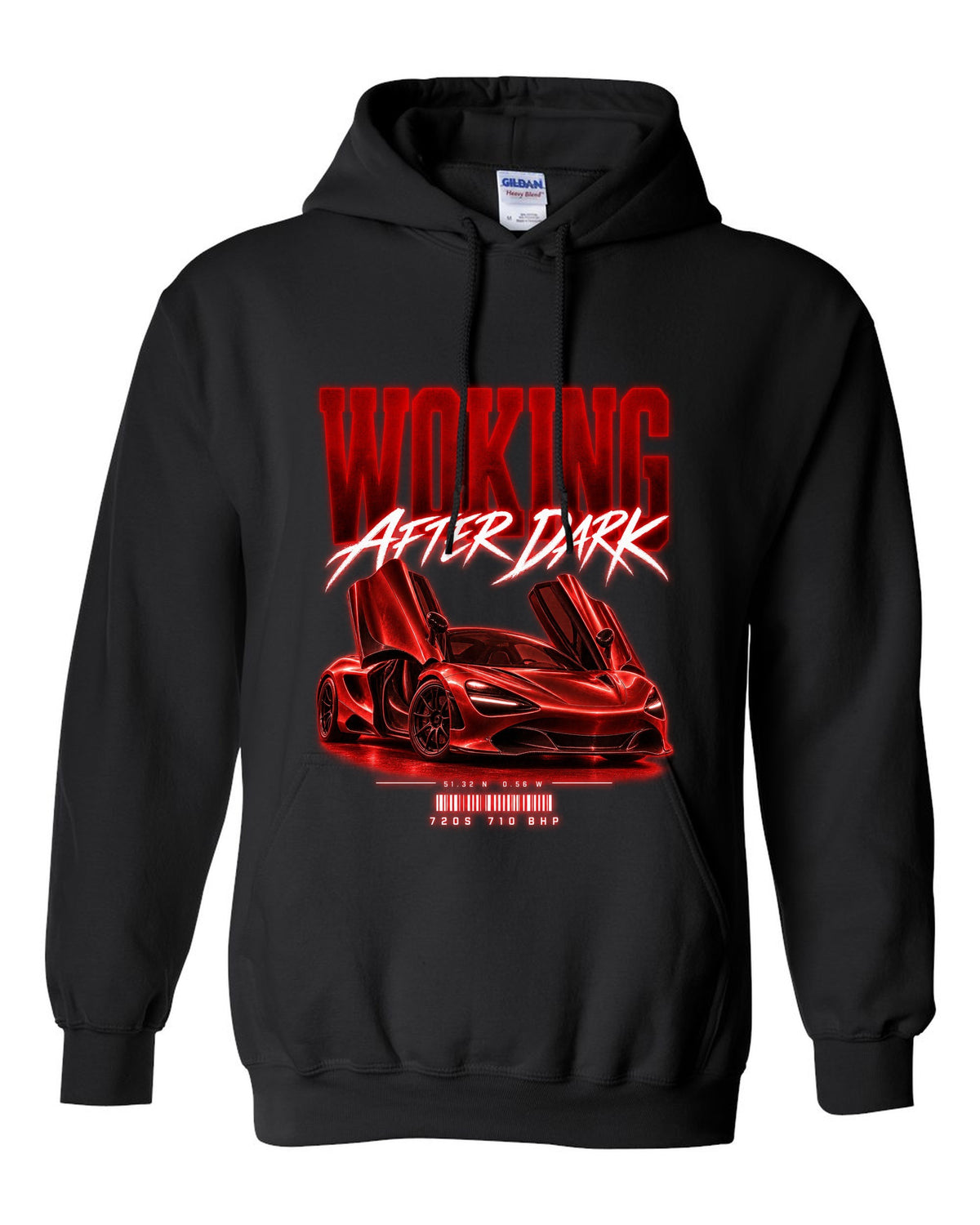 Street poster print of a 2017 McLaren 720S at night with Woking after dark text black pull over hoodie front view with the design