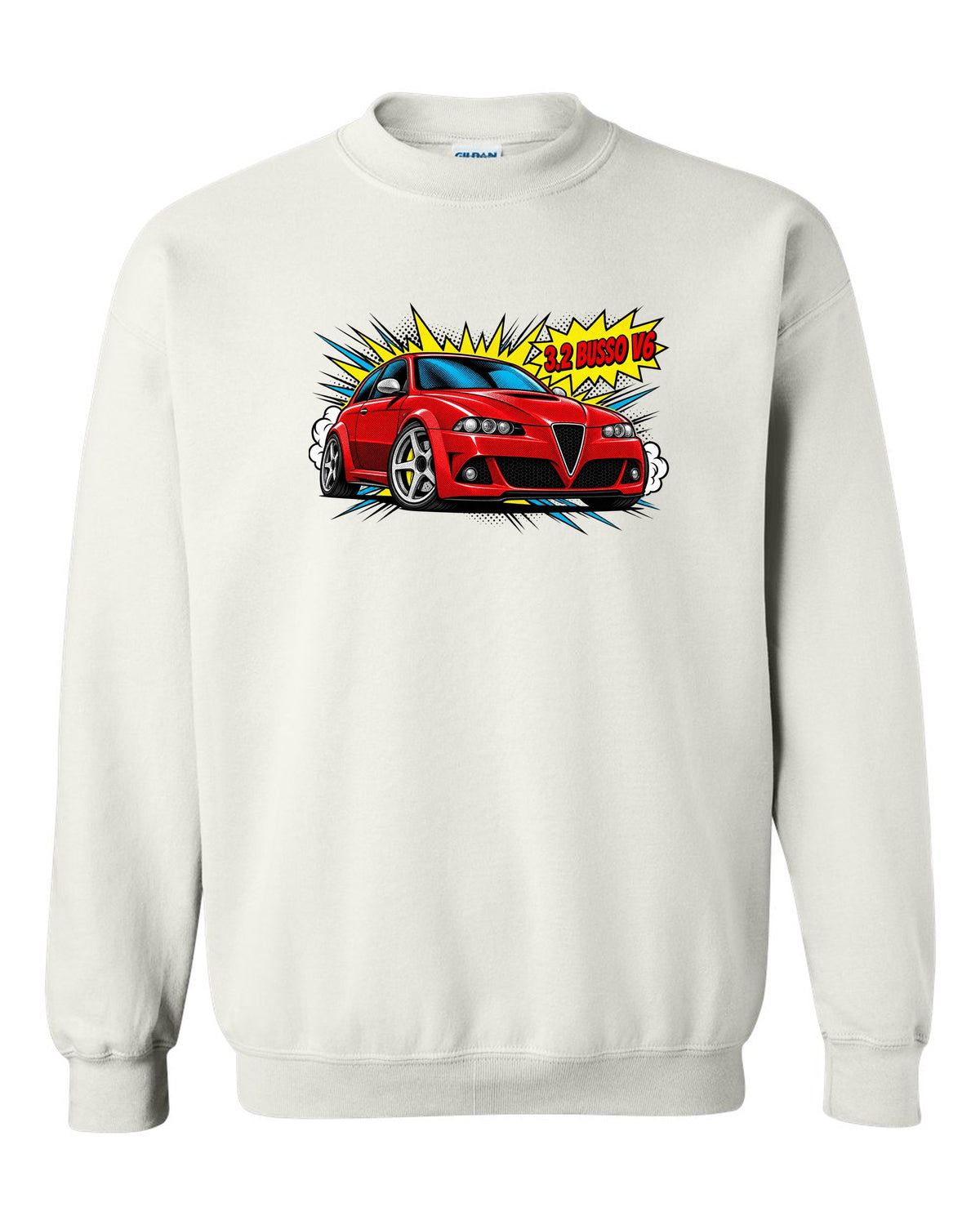 Comic halftone pop-art illustration of an Alfa Romeo 147 GTA with 3.2 Busso V6 text white crewneck front view with the design