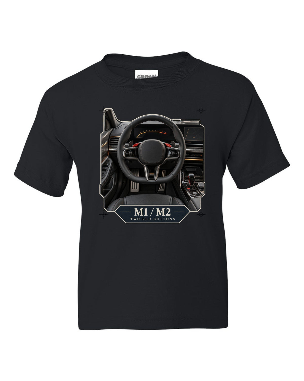 BMW M5 G90 cockpit and gauge cluster print on a tee black kids tee front view with the design