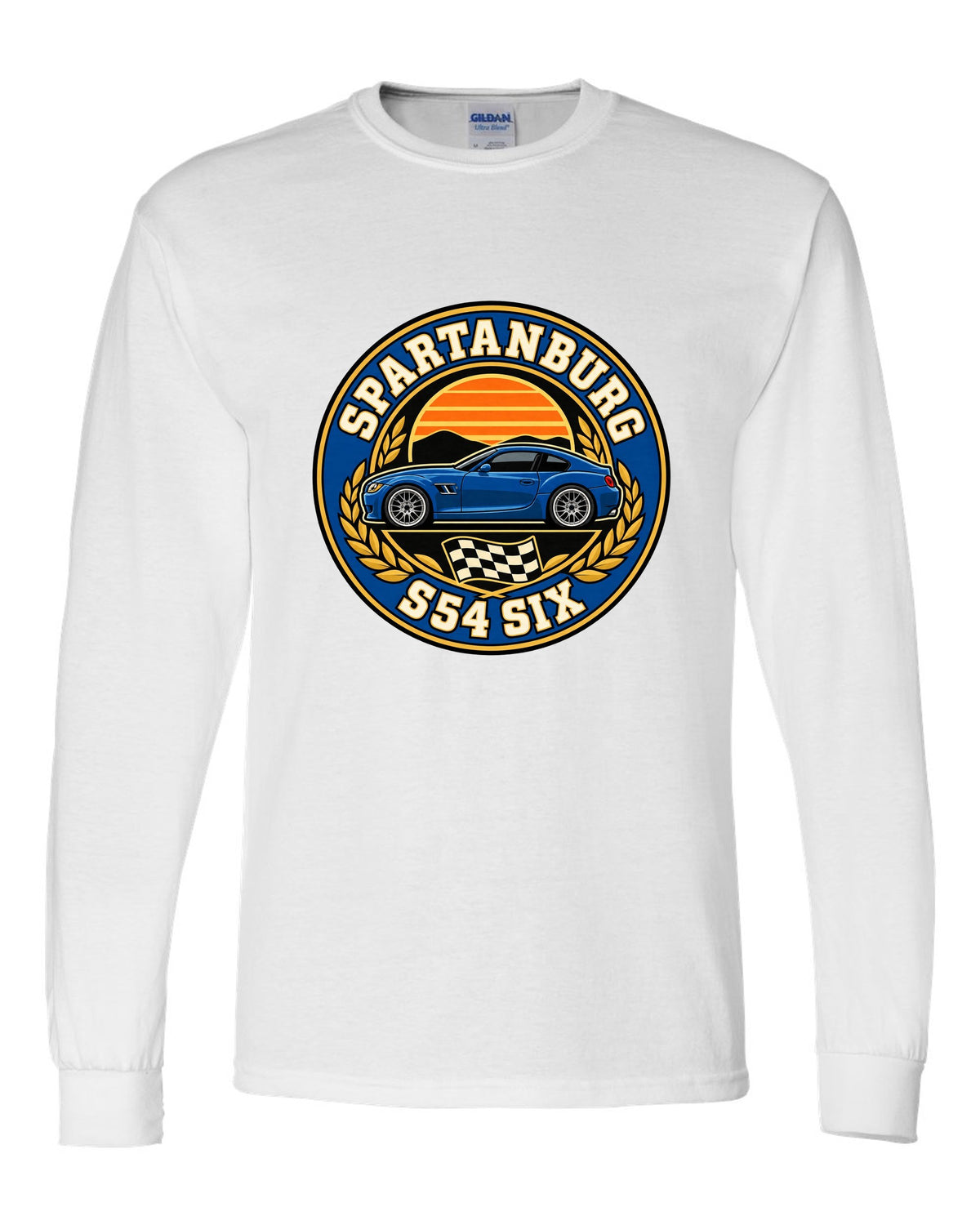 BMW Z4 M Coupe E86 varsity crest print with Spartanburg S54 six text white long sleeve front view with the design