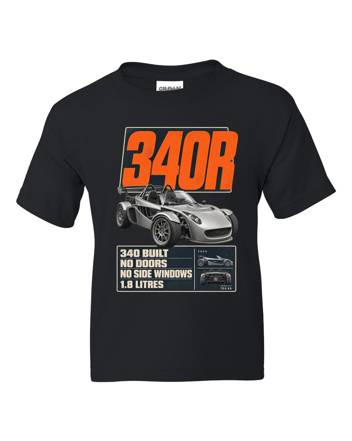 Lotus Elise 340R doorless roadster editorial headline print design black kids tee front view with the design