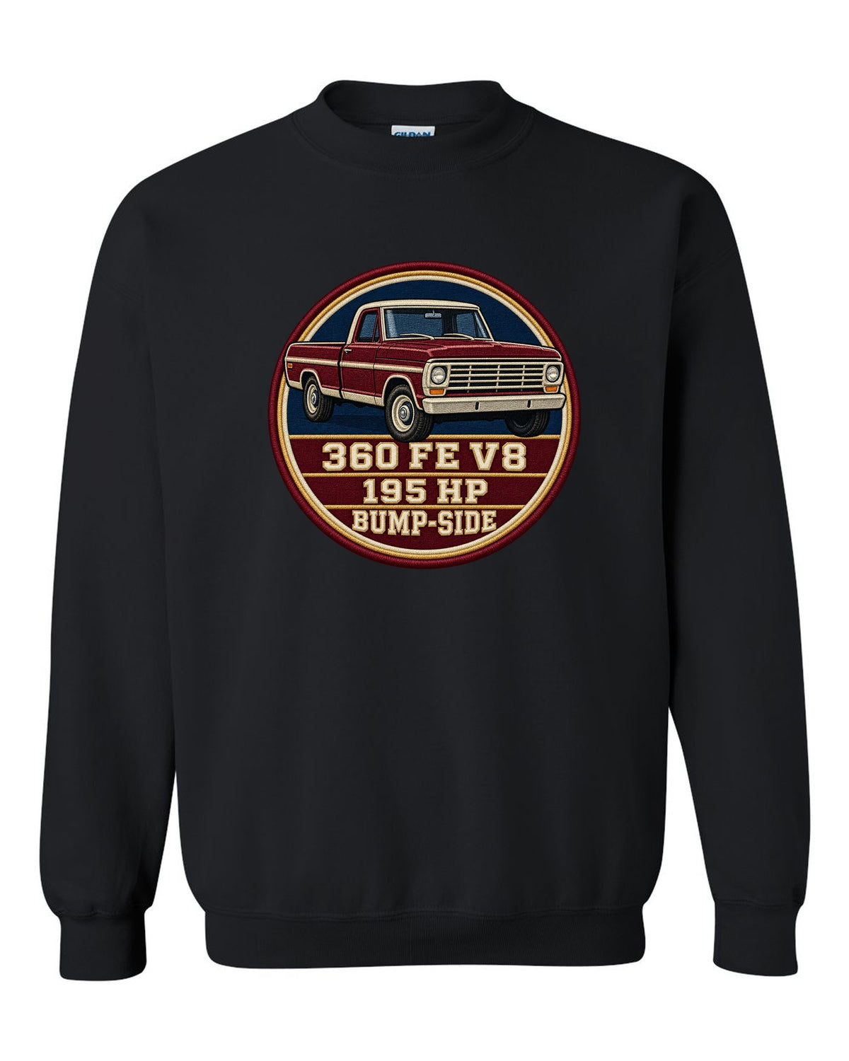 Bump-Side Ford F-Series 1967-72 Crest print Tee black crewneck front view with the design