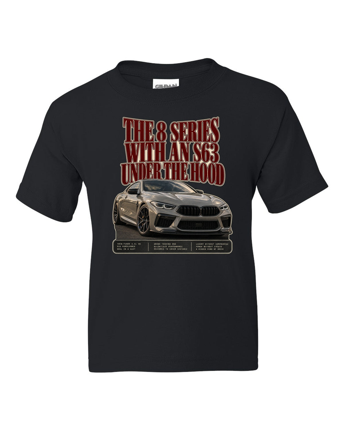 BMW M8 Competition Coupe F92 editorial headline print on a tee black kids tee front view with the design