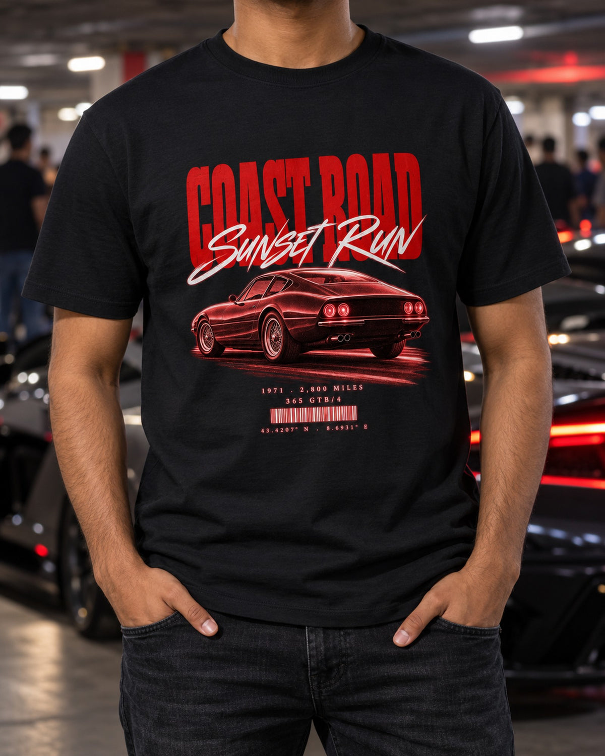Ferrari 365 GTB/4 Daytona Coast Road Sunset Run Poster Tee T-Shirt Black worn hero