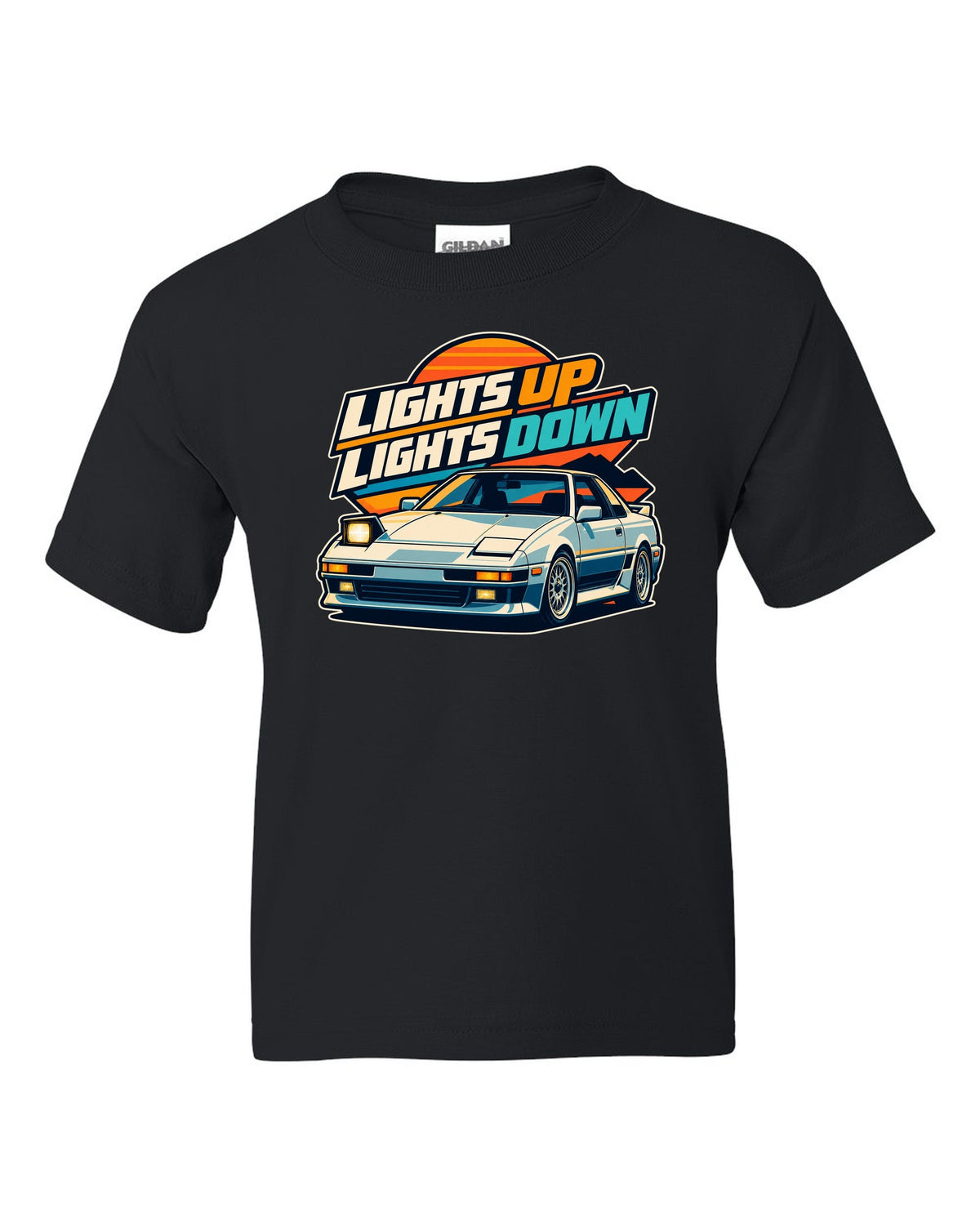 Pixel art of a Toyota AE86 Sprinter Trueno with pop-up headlights raised black kids tee front view with the design