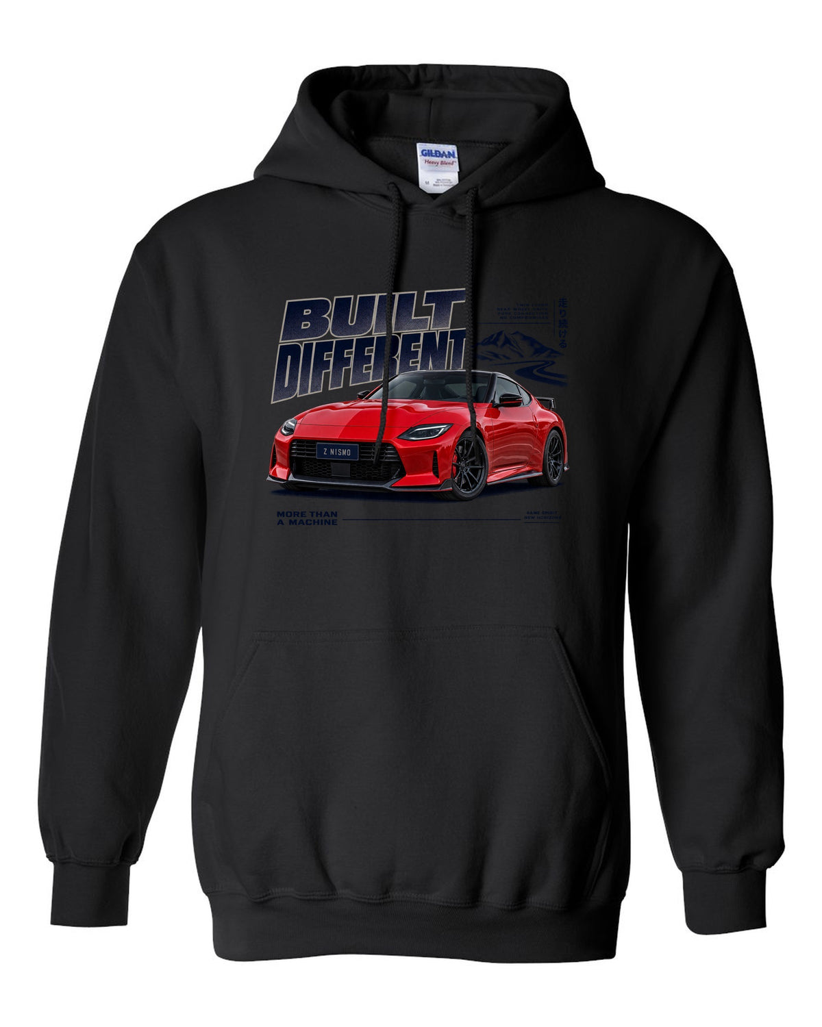 Dossier panels for a 2024 Nissan Z NISMO RZ34 in graphite and rust black pull over hoodie front view with the design