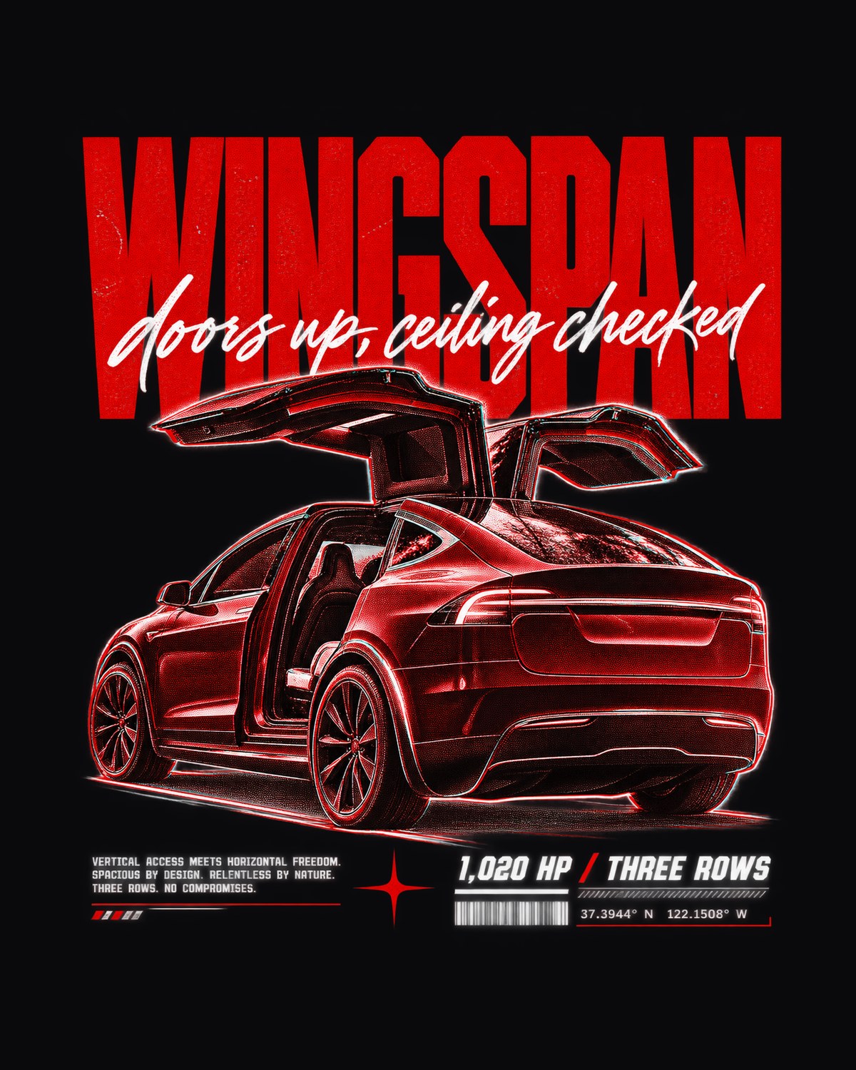 Model X Plaid 2021 Wingspan Street Poster Tee, Doors Up design only