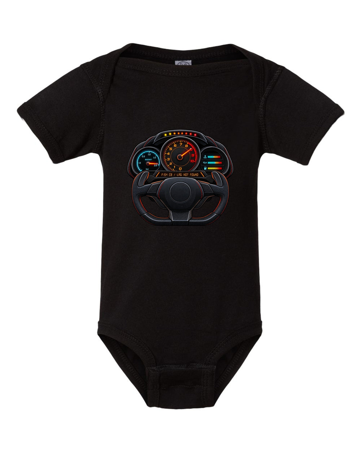 Ferrari 488 GTB boost gauge cockpit print with F154 CB engine code black baby onesie front view with the design