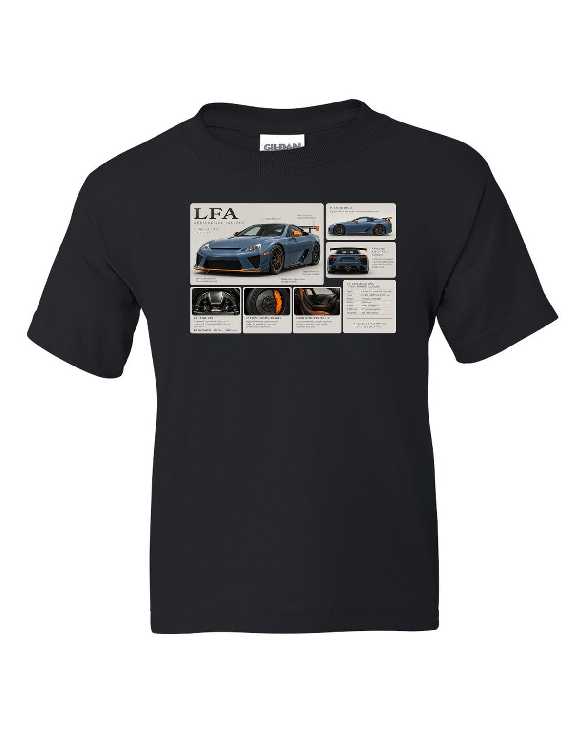 Dossier panel layout for the Lexus LFA Nurburgring Package with V10 notes black kids tee front view with the design