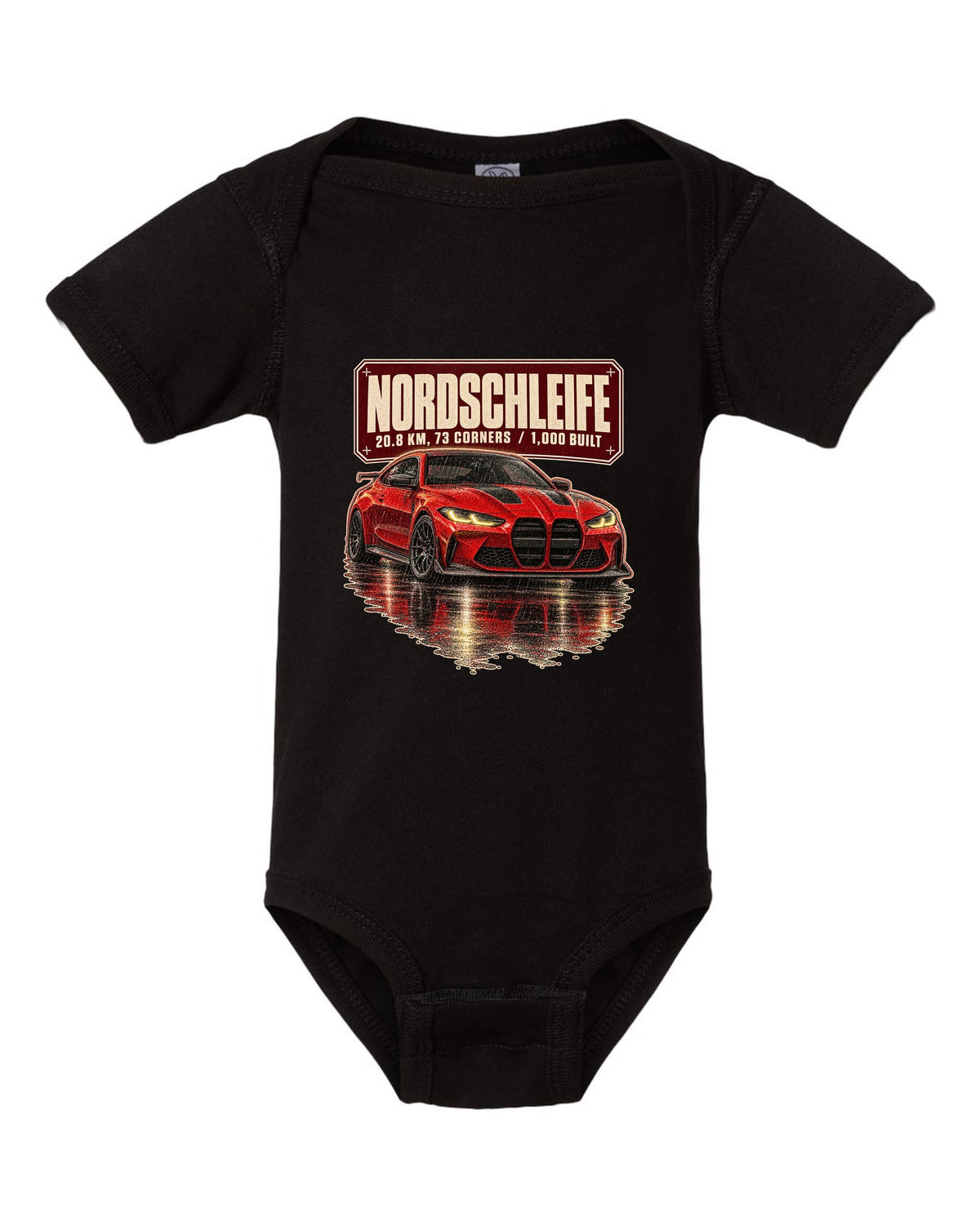 BMW M4 CSL G82 Nordschleife night scene print black baby onesie front view with the design