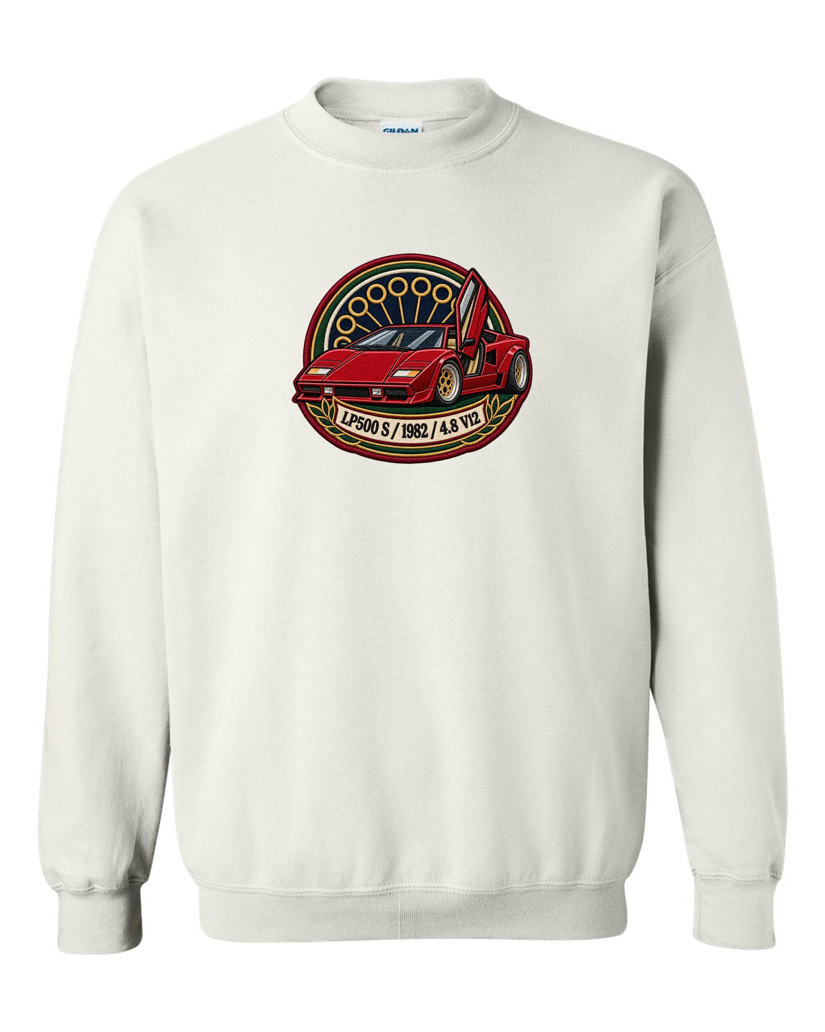 Varsity embroidery crest for a 1982 Lamborghini Countach LP500 S with 4.8 V12 lettering white crewneck front view with the design