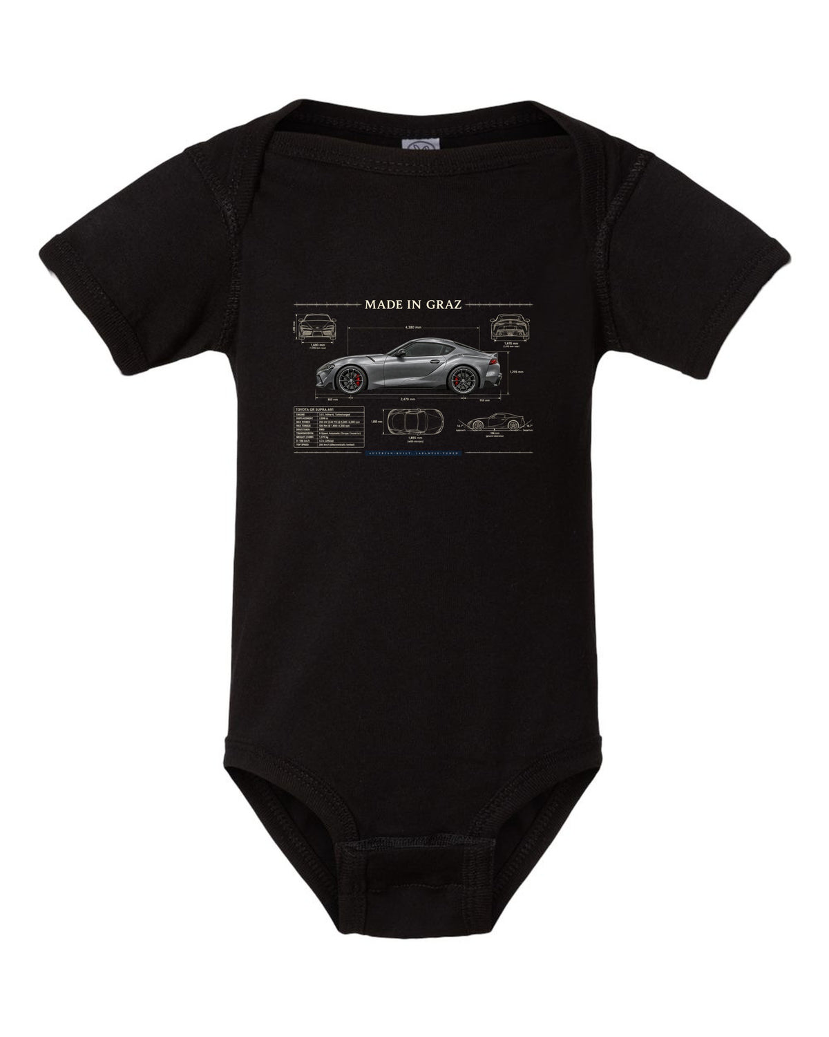 Steel blue Toyota GR Supra 3.0 with aero airflow callouts and 50:50 weight text black baby onesie front view with the design