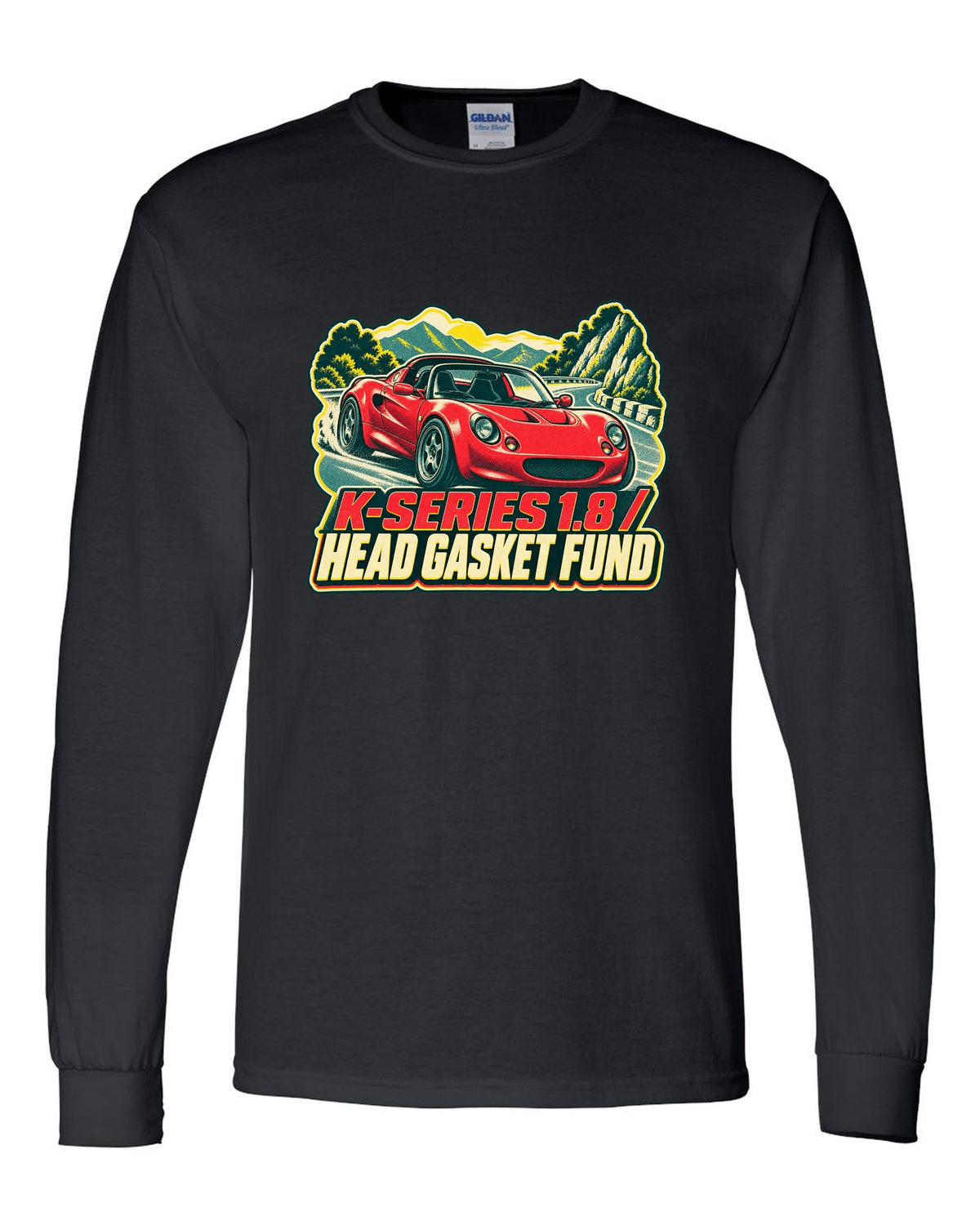 Lotus Elise S1 risograph print with K-Series 1.8 head gasket fund lettering black long sleeve front view with the design